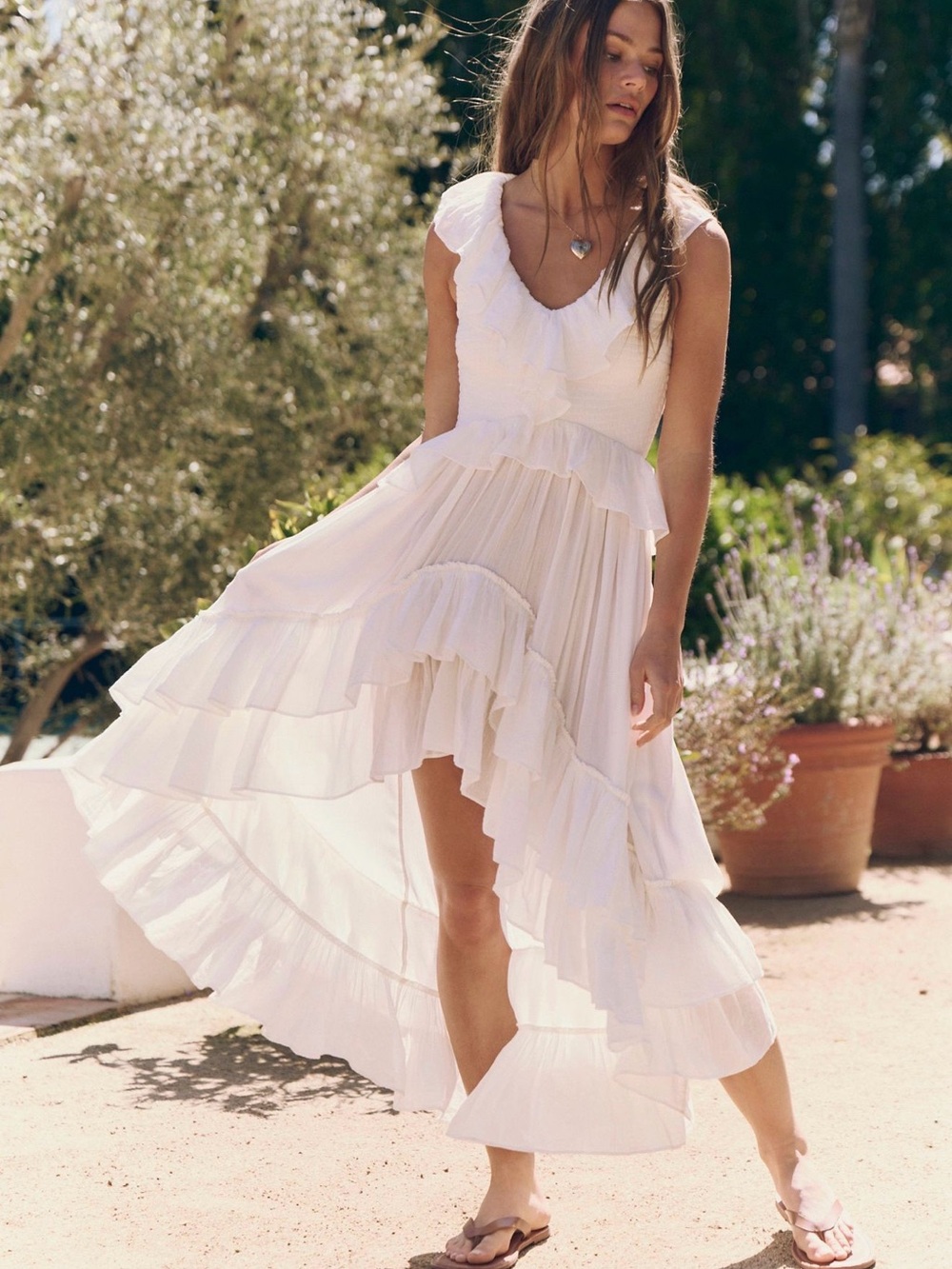 Free People White Ruffle Tiered High-Low Maxi Dress